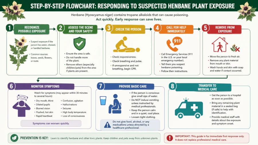 Step-by-step flowchart for responding to suspected henbane plant exposure