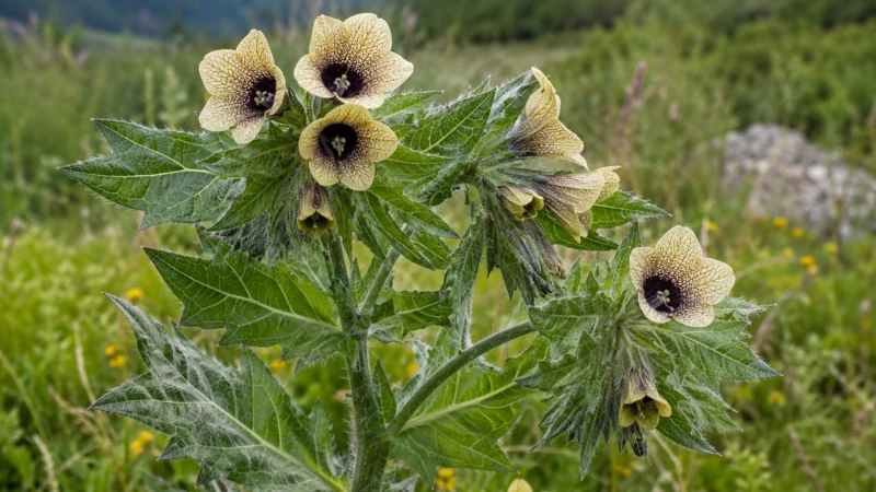 Black henbane plant showing hairy stems and purple-veined yellow flowers
