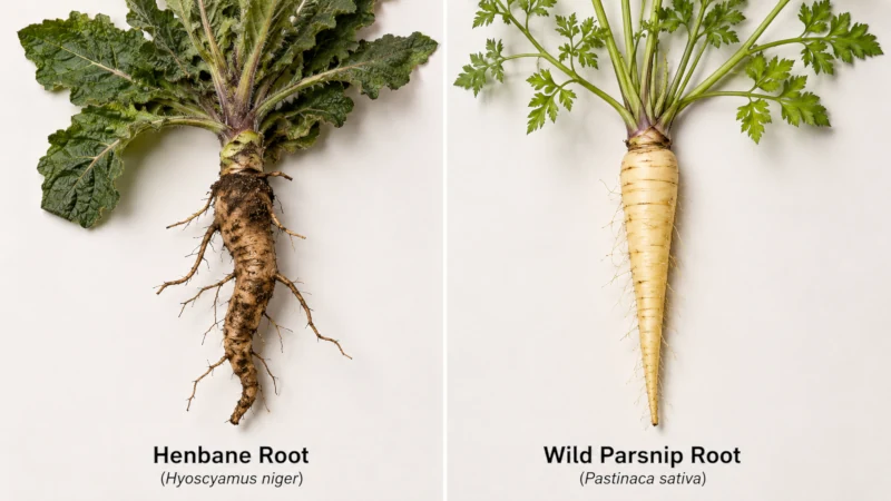 Side-by-side comparison of henbane root and wild parsnip root