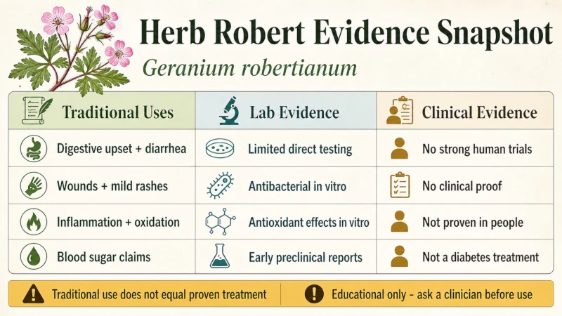 Table summarizing traditional uses, lab evidence, and clinical evidence for Herb Robert.
