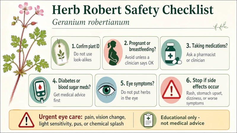 Safety checklist for Herb Robert use, including pregnancy, medications, and eye symptoms.