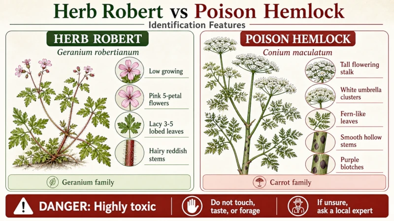 Side-by-side comparison of Herb Robert and poison hemlock identification features.