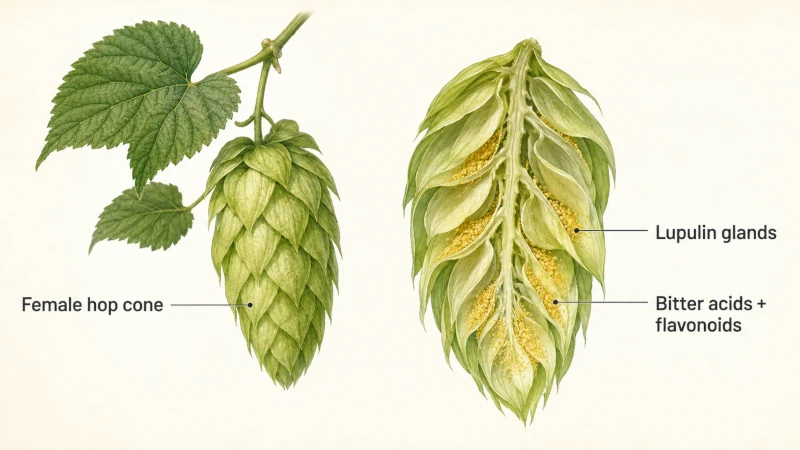 Botanical diagram of a hops cone showing golden lupulin glands inside the cone