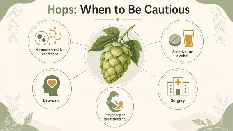 Hops safety infographic showing cautions for hormone-sensitive conditions, sedatives, depression, surgery, and pregnancy