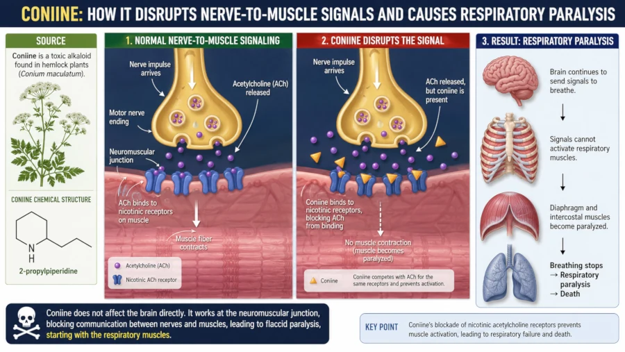 Diagram showing coniine disrupting nerve-to-muscle signals and causing respiratory paralysis