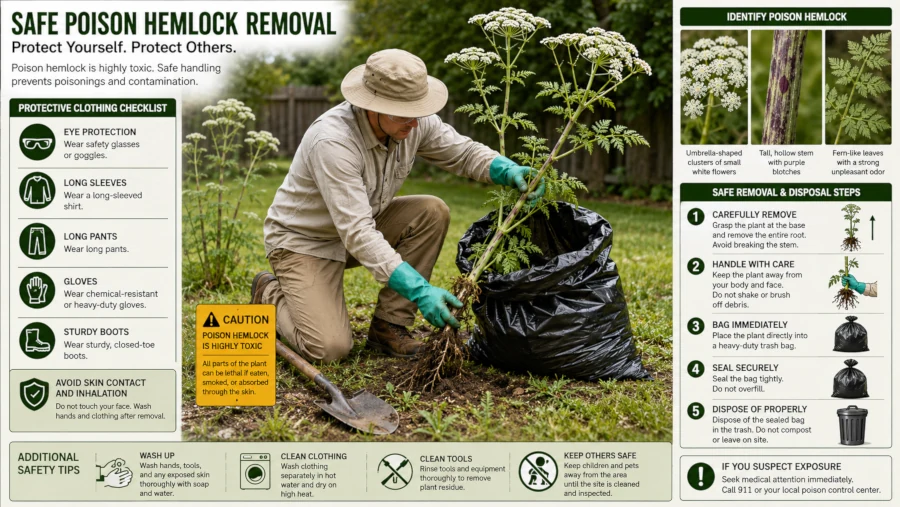 Safe poison hemlock removal using gloves protective clothing and sealed bag disposal.