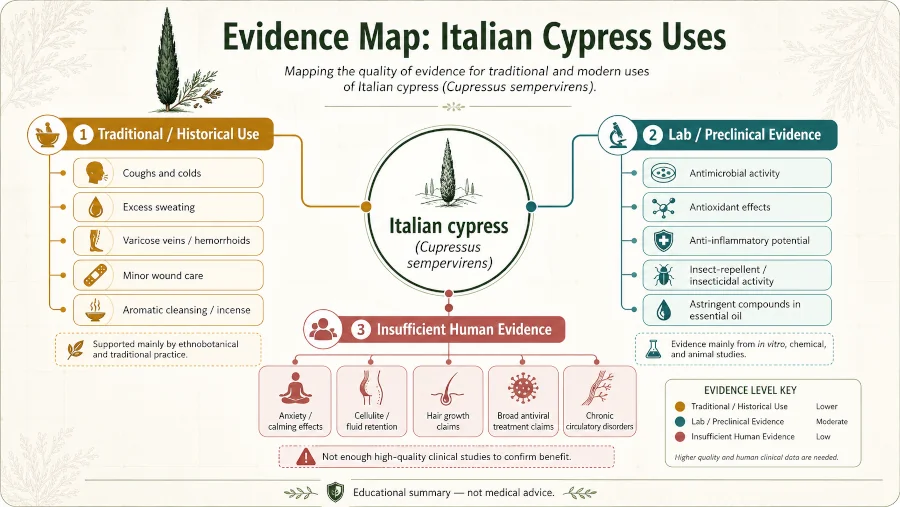 Evidence map showing traditional, lab, and insufficient evidence for Italian cypress uses