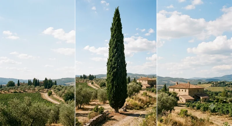 Tall Italian cypress tree with dark green columnar foliage