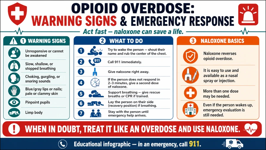 Infographic listing opioid overdose warning signs and emergency response steps including naloxone.
