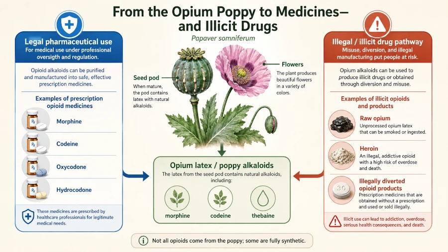 Diagram showing how the opium poppy yields both prescription opioid medicines and illicit drugs.