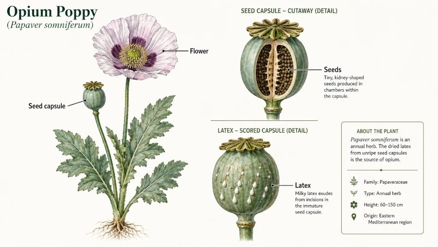 Labeled illustration of the opium poppy plant showing flower, seed capsule, latex, and seeds.