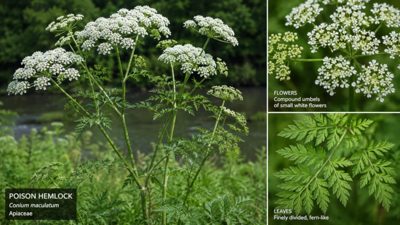 Poison hemlock with white umbrella-shaped flowers and fern-like green leaves