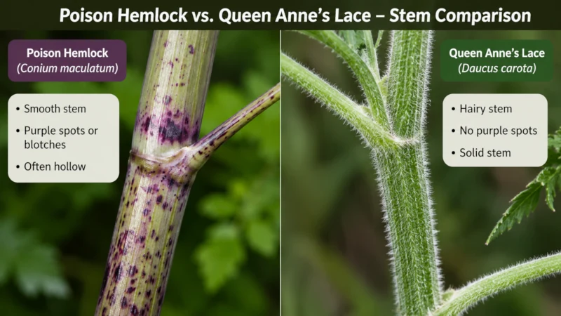 Comparison of poison hemlock’s purple-spotted smooth stem and Queen Anne’s lace’s hairy green stem