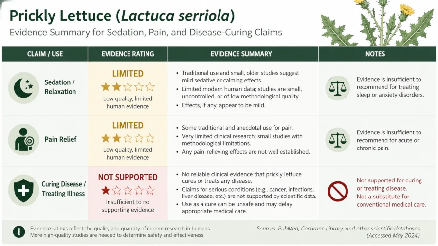 Chart rating prickly lettuce evidence as limited for sedation and pain and not supported for curing disease.