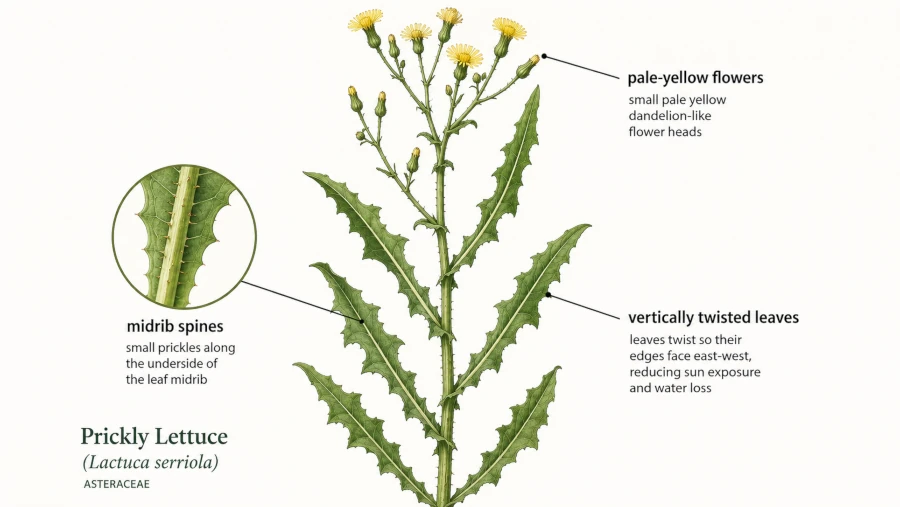 Prickly lettuce plant with labelled midrib spines, vertically twisted leaves and pale-yellow flowers.