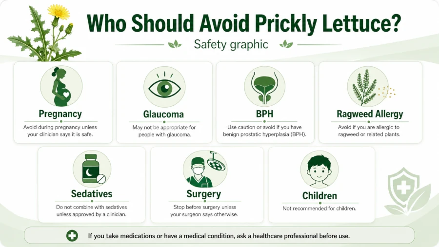 Safety graphic showing groups who should avoid prickly lettuce: pregnancy, glaucoma, BPH, ragweed allergy, sedatives, surgery, children.