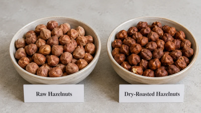 Raw hazelnuts and dry-roasted hazelnuts in labeled bowls