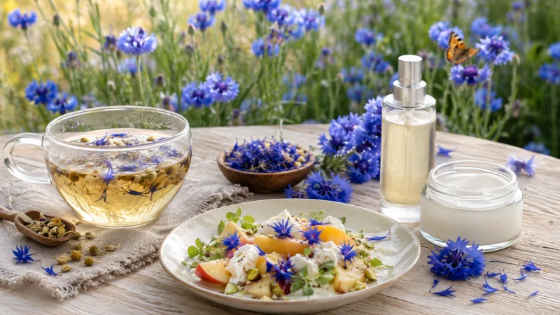 Cornflower petals shown in herbal tea, as an edible garnish, in skincare, and growing in a pollinator garden.