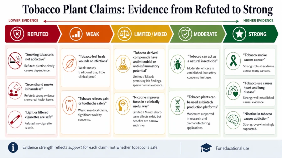 Chart grading evidence for tobacco plant claims from refuted to strong