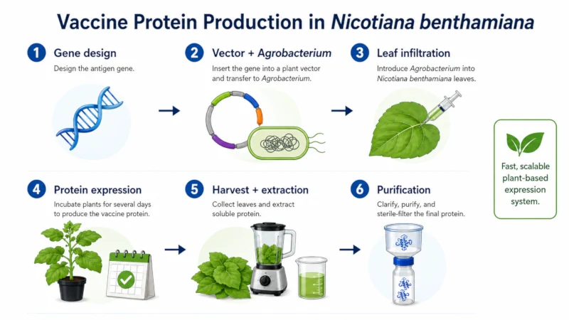 Step-by-step diagram of how a vaccine protein is grown in Nicotiana benthamiana leaves and purified