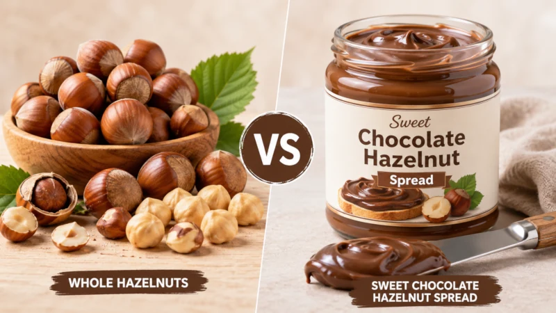 Comparison of whole hazelnuts with a sweet chocolate hazelnut spread label