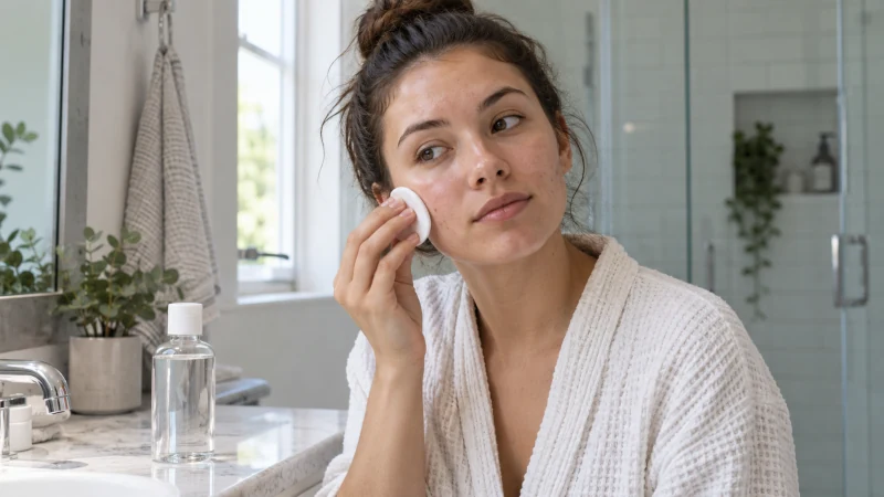Young adult using alcohol-free witch hazel toner on oily acne-prone skin