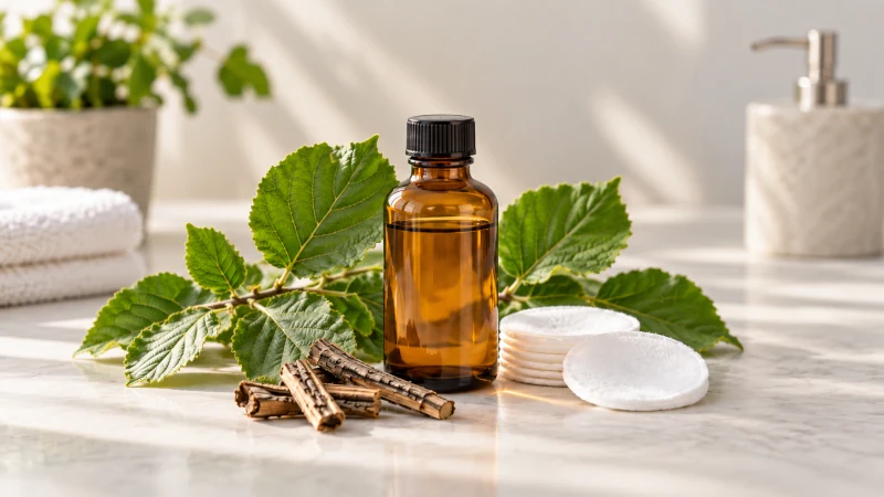 Witch hazel leaves, bark, and topical witch hazel bottle representing common skin uses