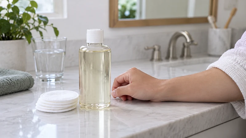 Witch hazel bottle with cotton pad emphasizing safe external skin use