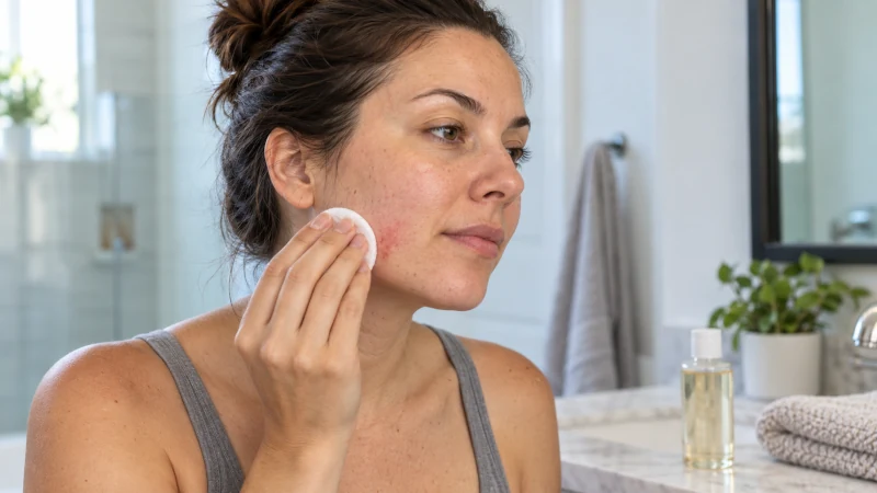 Woman gently applying witch hazel to mildly irritated facial skin with a cotton pad