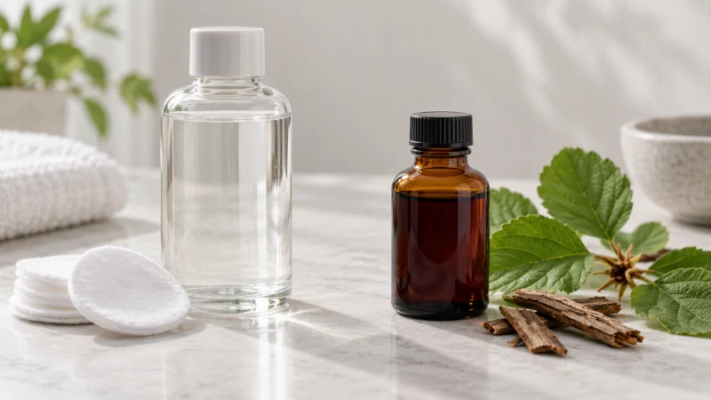 Comparison of clear witch hazel water and darker tannin-rich witch hazel extract