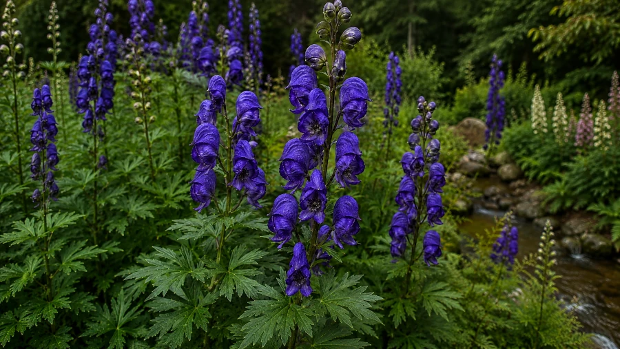 Deep purple hooded flowers of the wolfsbane plant, Aconitum napellus.