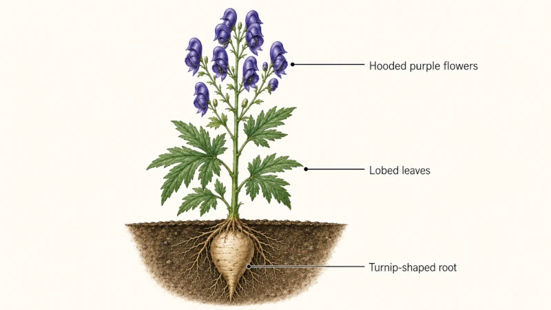 Labeled diagram of the wolfsbane plant showing hooded purple flowers, lobed leaves, and a turnip-shaped root.