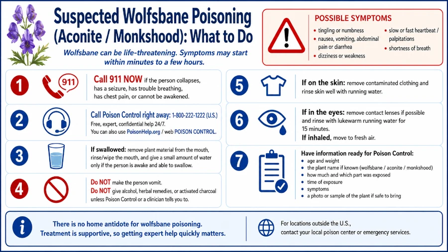 Steps to take after suspected wolfsbane poisoning, including calling Poison Control.