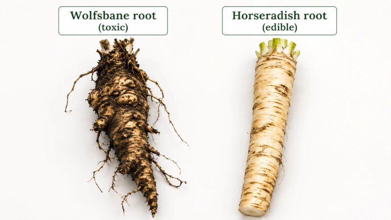 Side-by-side comparison of a wolfsbane root and an edible horseradish root.