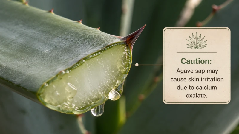 Close-up of agave leaf and sap with a caution note about skin irritation from calcium oxalate.