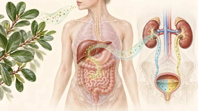 Illustration of bearberry leaf compounds moving through the body toward the urinary tract