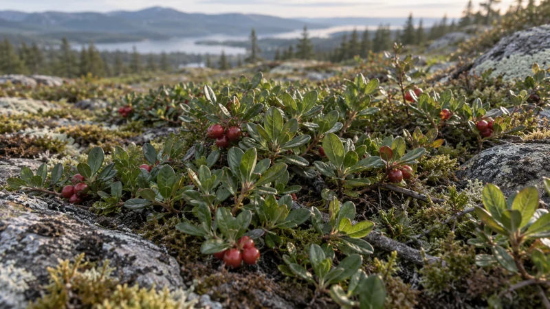 Bearberry plant with evergreen leaves and red berries growing on rocky ground