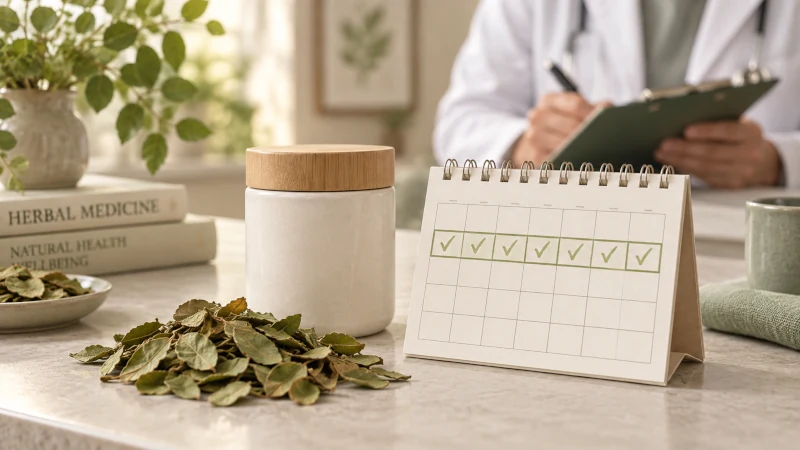Bearberry leaves beside a weekly calendar representing short-term uva ursi use