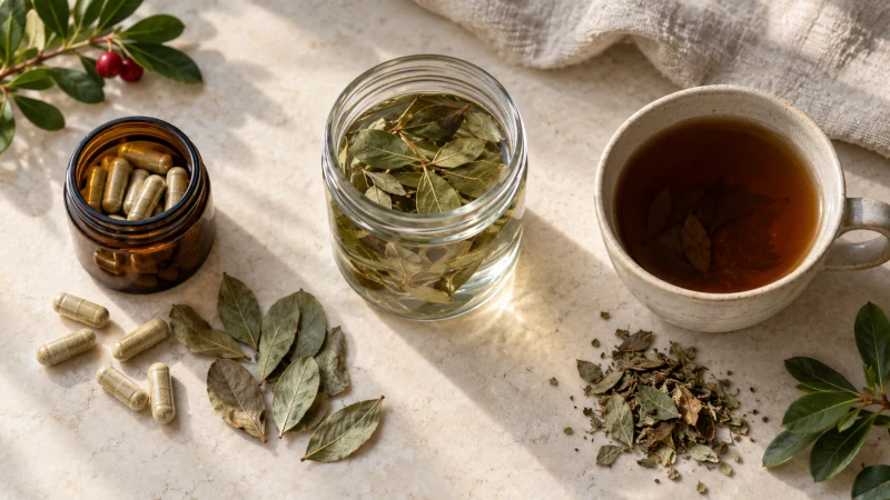 Bearberry leaves shown with capsules, cold-infused herbal water, and brewed tea preparations