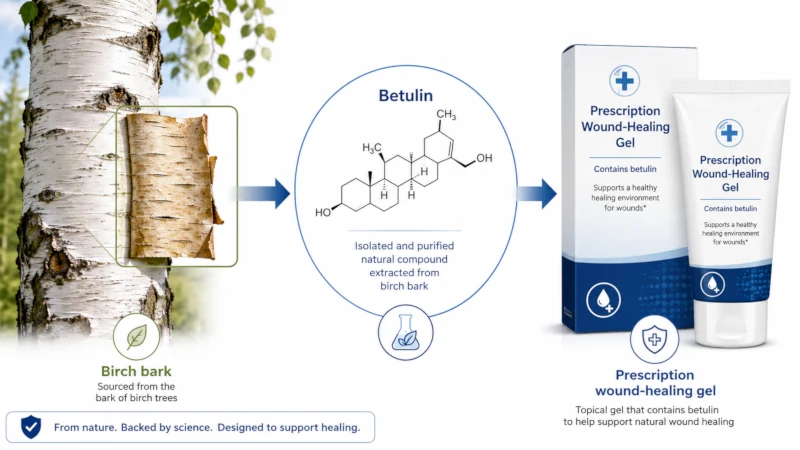 Diagram showing birch bark as the source of betulin used in a prescription wound-healing gel.