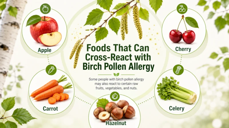 Foods that can cross-react with birch pollen allergy, including apple, cherry, carrot, celery and hazelnut.
