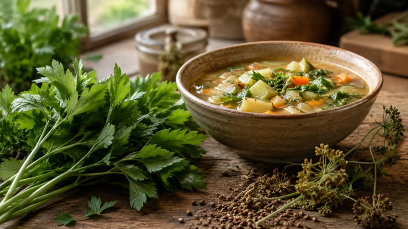 Fresh lovage leaves beside a bowl of vegetable and potato soup