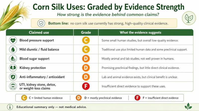 Chart grading corn silk benefits and uses by evidence strength.