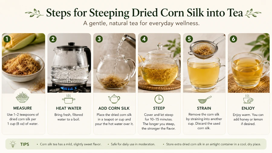 Steps for steeping dried corn silk into tea.