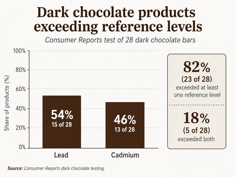 Chart showing the share of dark chocolate products exceeding lead and cadmium reference levels.