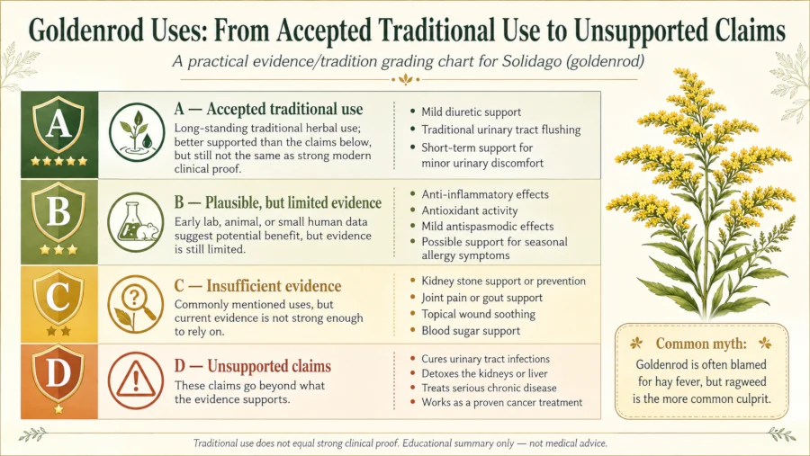 Chart grading goldenrod uses from accepted traditional use down to unsupported claims.