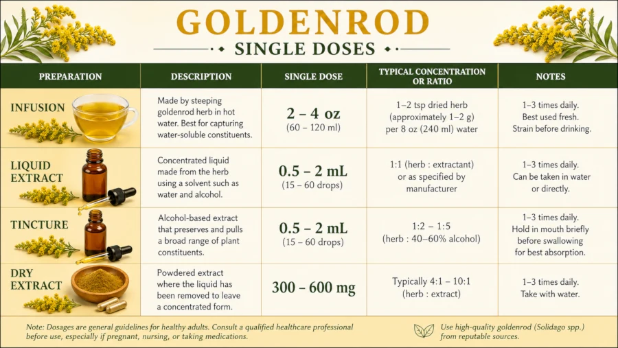 Table of goldenrod single doses for infusion, liquid extract, tincture and dry extract