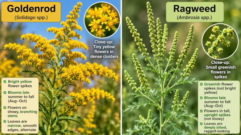 Side-by-side comparison of yellow goldenrod flower spikes and green ragweed flower spikes.