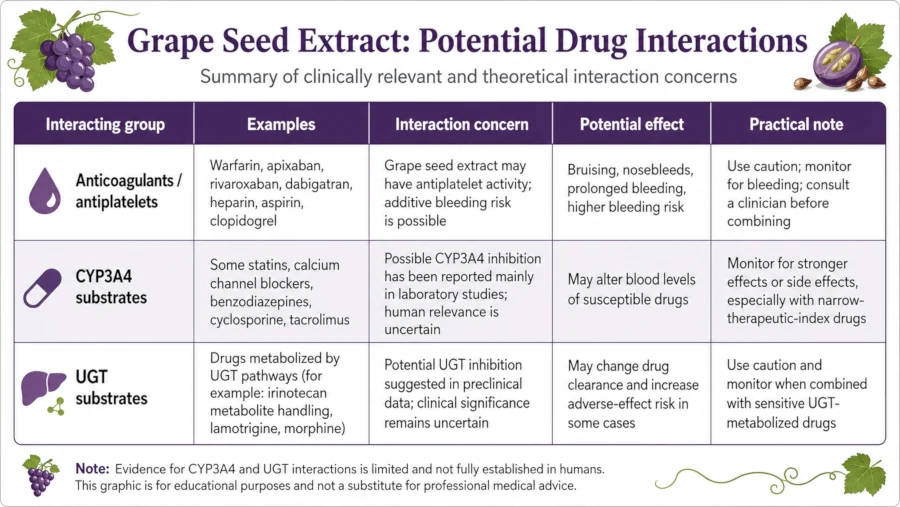 Table listing grape seed extract interactions with anticoagulants and CYP3A4 and UGT substrates.