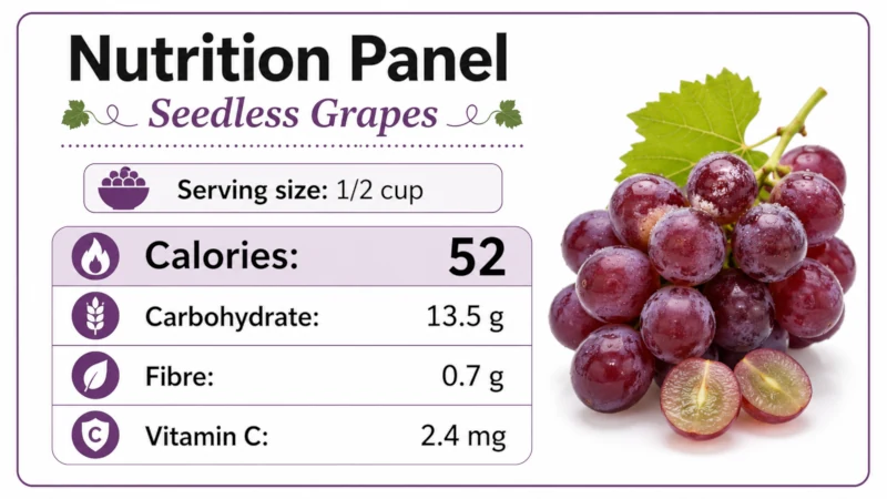 Nutrition panel for a half-cup serving of seedless grapes showing calories, carbohydrate, fibre and vitamin C.